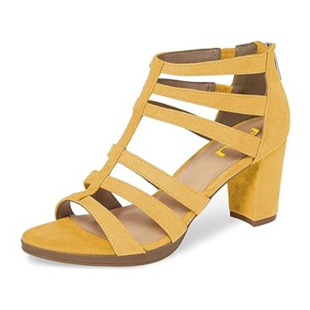 FSJ Yellow Chunky Heel Sandals Open Toe T-Strap Pumps Cutout Shoes